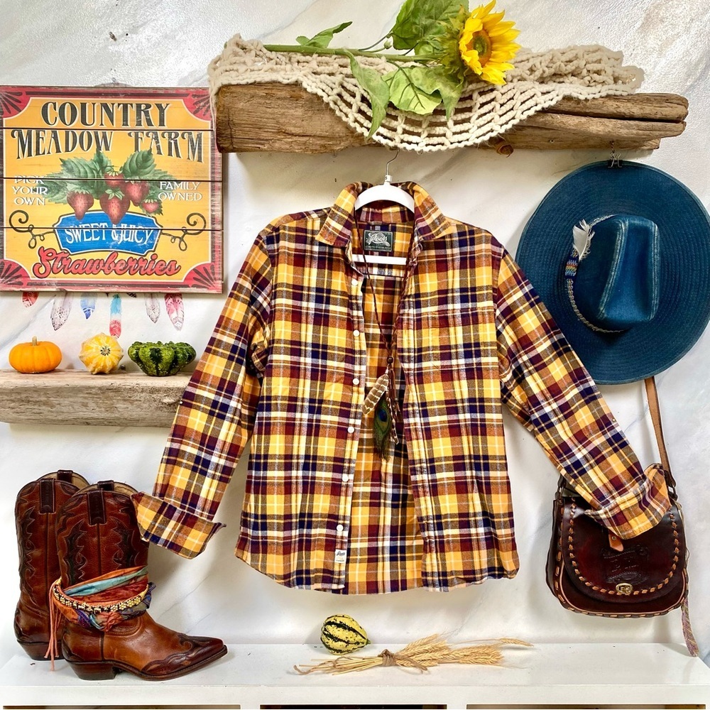 ROOTS plaid flannel boho shirt/cover up w fall harvest thanksgiving cabin vibe - Picture 2 of 14